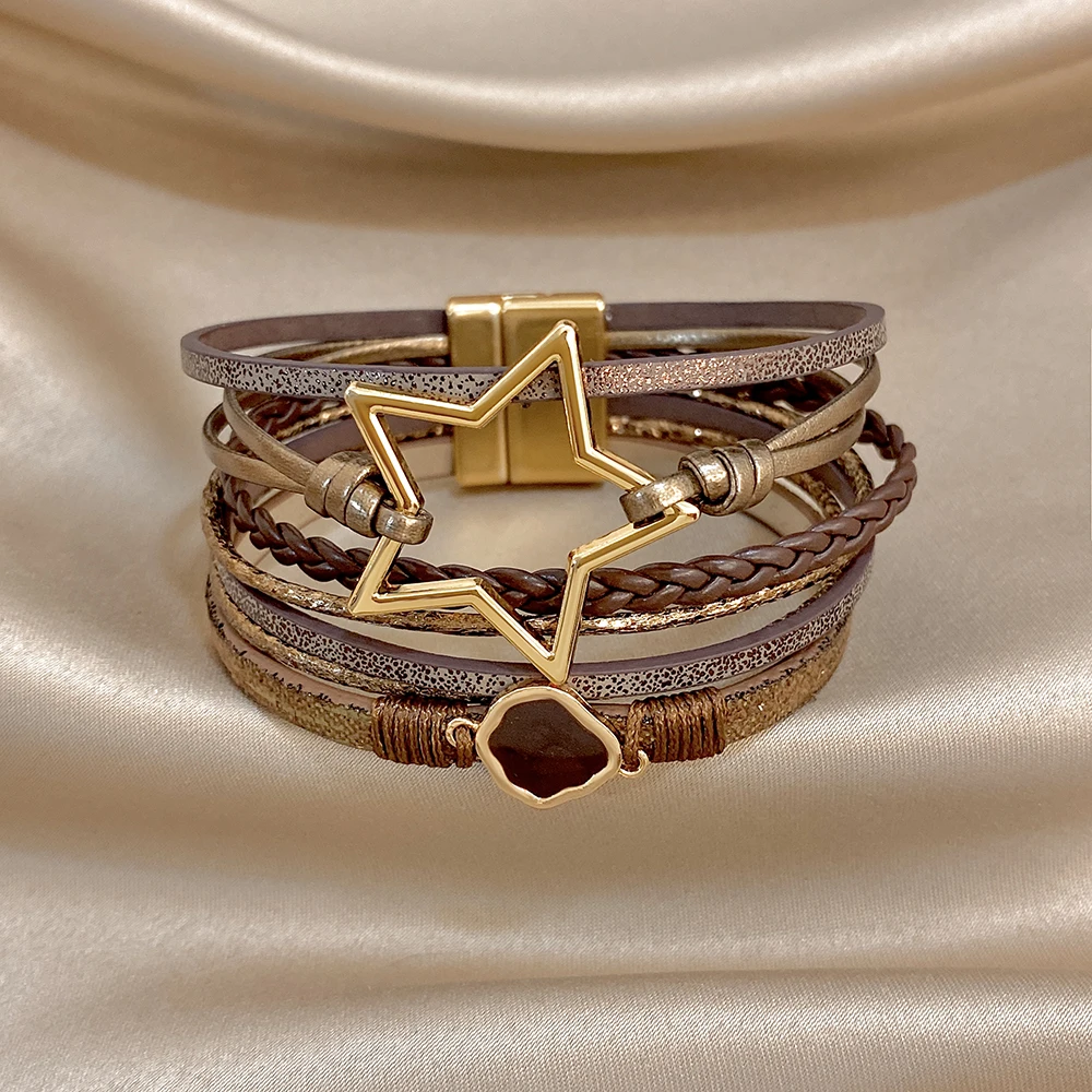 ALLYES Vintage Armband aus gewebtem Leder mit ausgehöhltem Stern für Damen, klobiges Boho-Mehrschicht-Armband, breites Wickelarmband, Charm-Schmuck – Detail 9