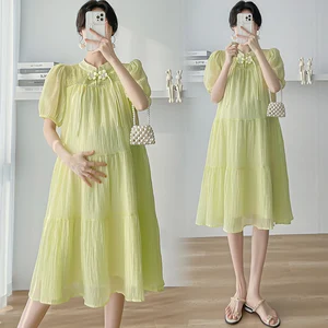 Estilo coreano maternidade solta chinês Cheongsam Puff manga Sweeet mulheres grávidas Chiffon vestido gravidez roupas macias e leves 10 principais vendas pregnant qipao - №9