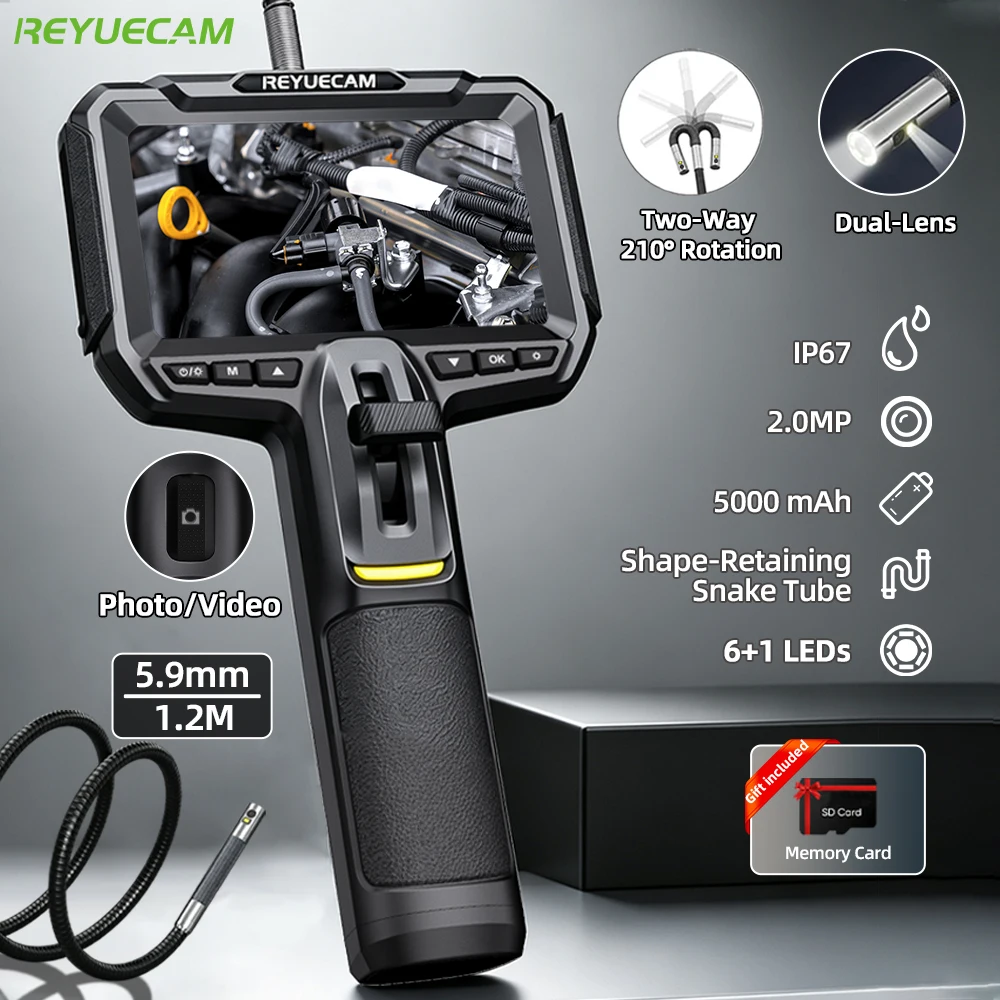 REYUECAM R8 5.9mm Dual Lens Two-way 210° Articulating Endoscope with 5000mAh Battery and 1.2M Shape-Retaining Snake Tube