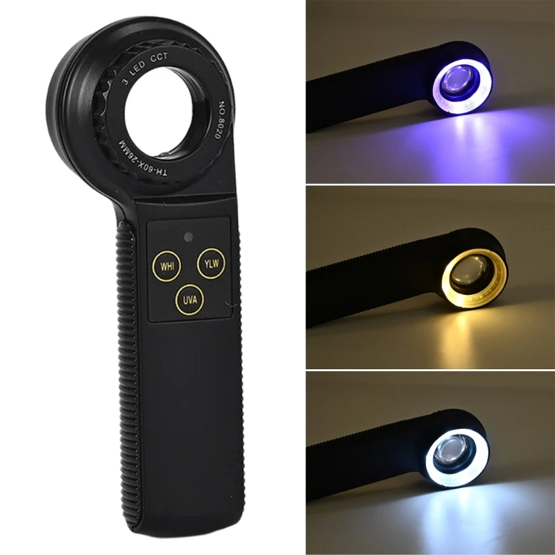 60x Handheld Viewing Lens with Warm and White LEDs, Three Selectable Light Types, Turning Adjustment, and Textured Side Grips
