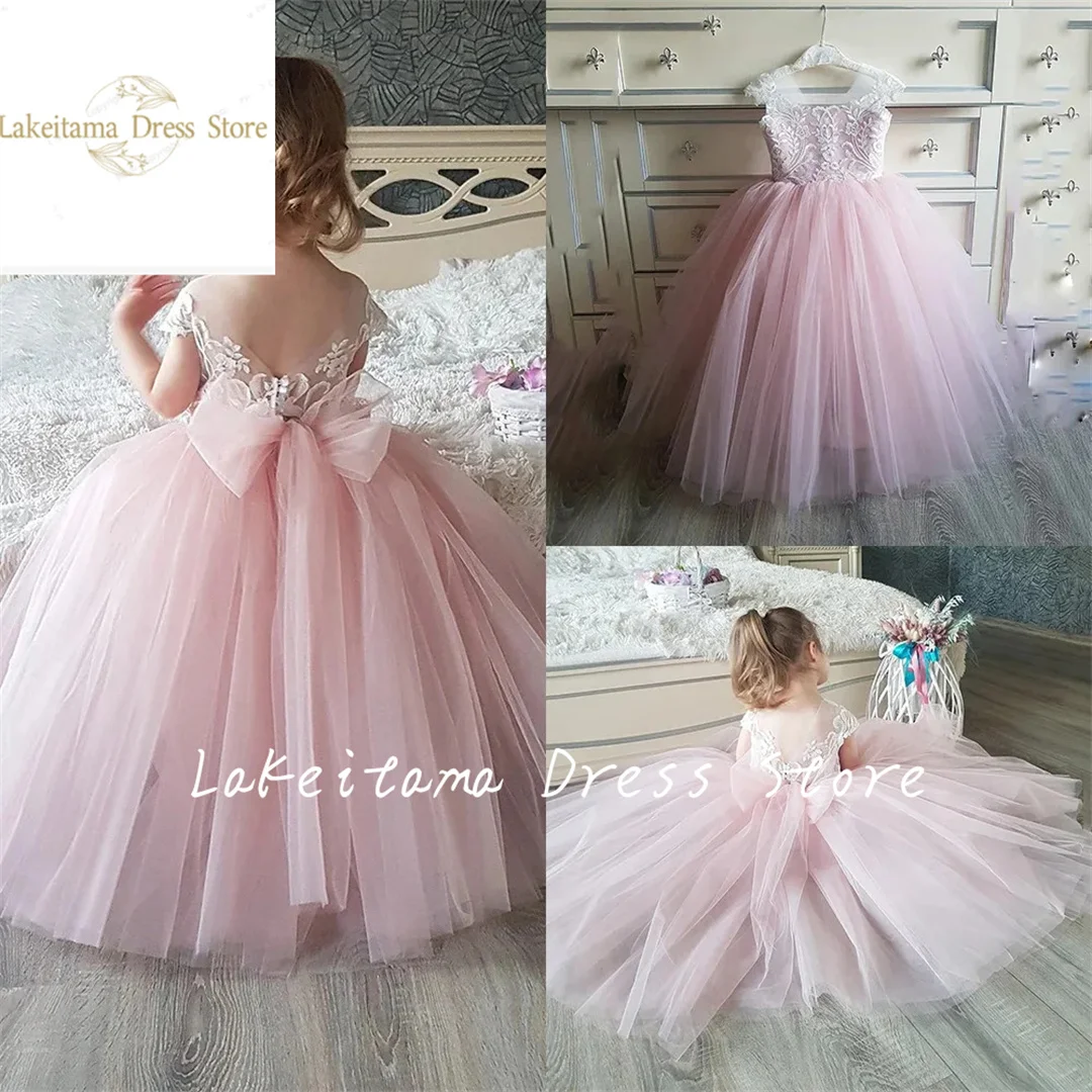 Princess Flower Girl Dress For Wedding Pink Applique Tulle Sleeveless With Pearls Kids Birthday Party Evening Ball Gown