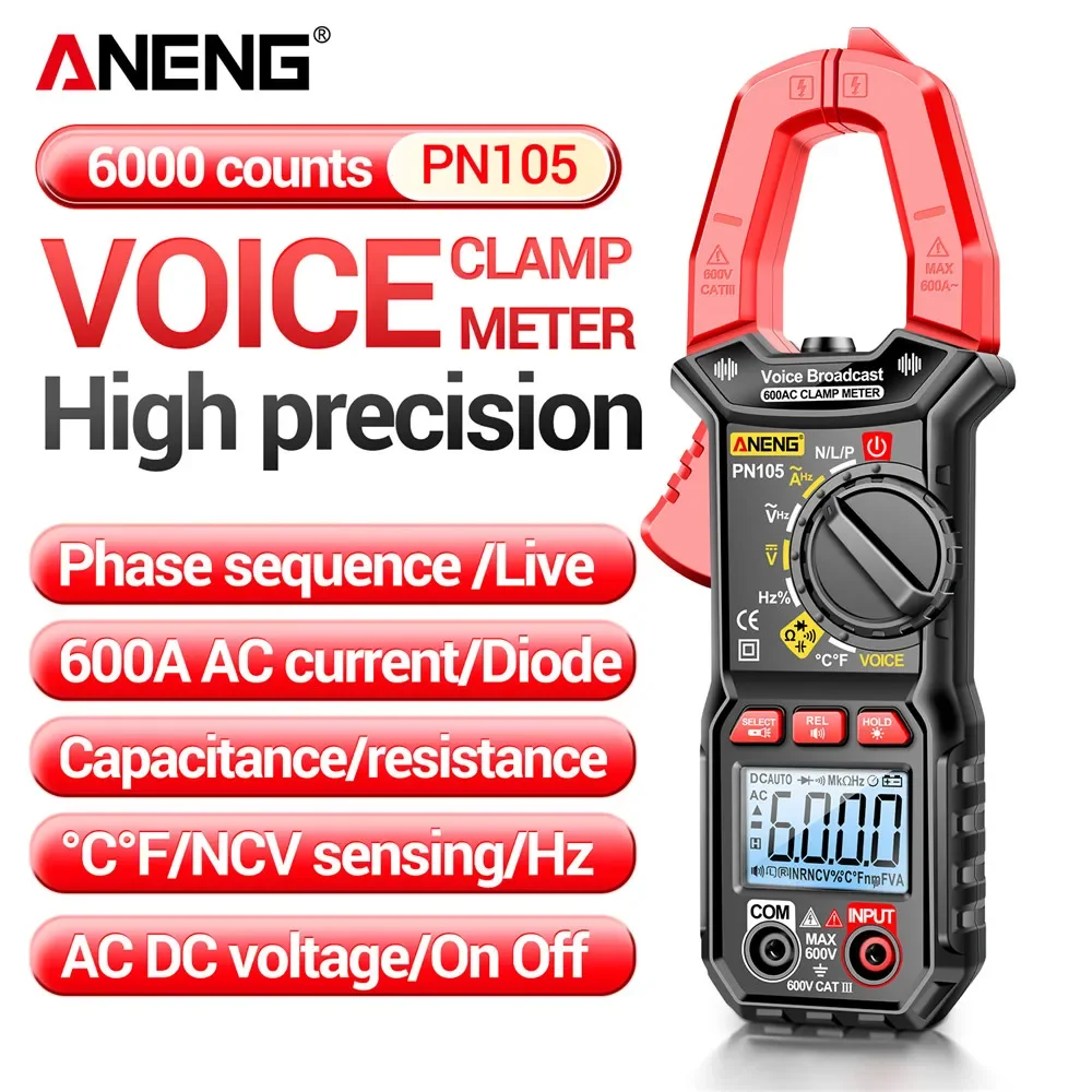 

ANENG PN105 CAT III Non-contact Voice Clamp Meter 600A High Current Measure Detection NCV Multimeter 34mm Jaw Design Tester Tool