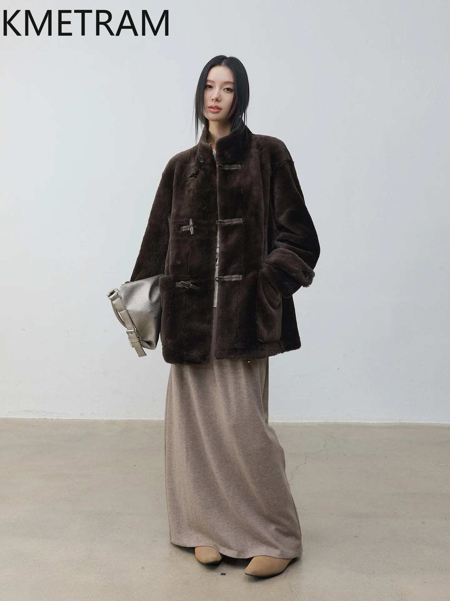 KMETRAM جلد الغنم ميرينو الطبيعي مع الصوف المرفق معطف خمر الوقوف طوق سترة الفراء الحقيقي ملابس امرأة معاطف الشتاء 2025