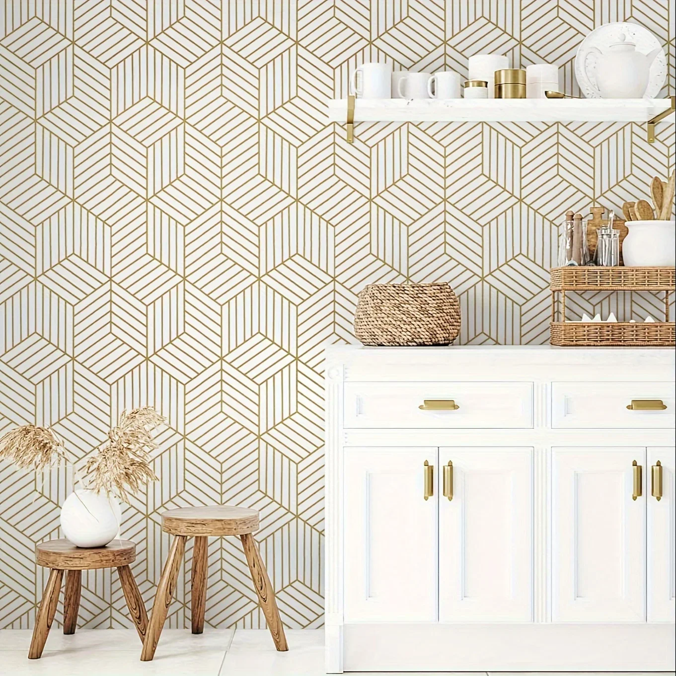 Self-adhesive Wallpaper Golden Geometric Pattern Contact Paper Waterproof Detachable Living Room Kitchen Bedroom 3d Wallpaper