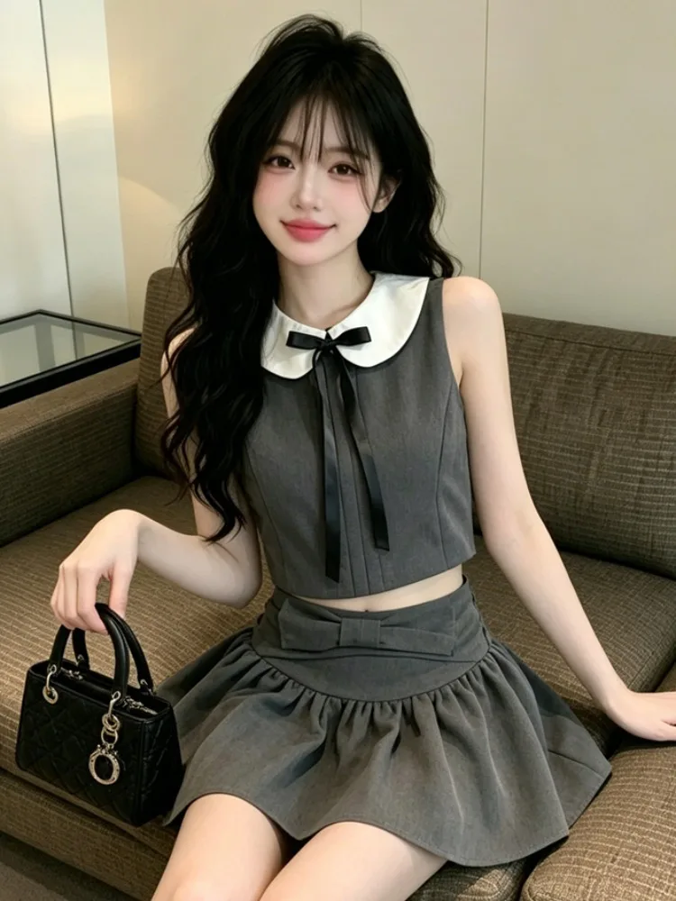 

Sweet School Style Anti-Aging Set Summer Doll Collar Sleeveless Top Women's High Waist A-Line Skirt Fashionable Two-Piec...