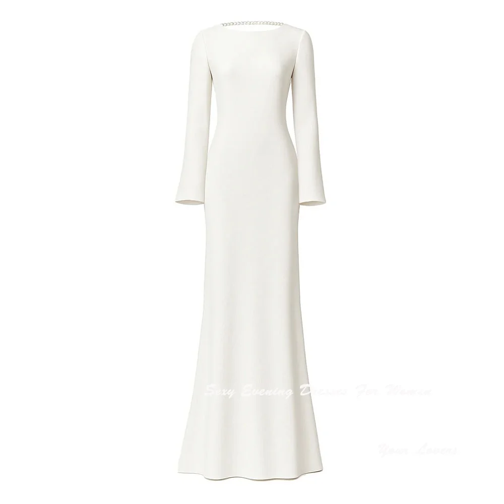 Customized White Crepe Wedding Dresses For Sexy Women Evening Dress With Pearls On Back Floor-length Backless Summer Prom Dress
