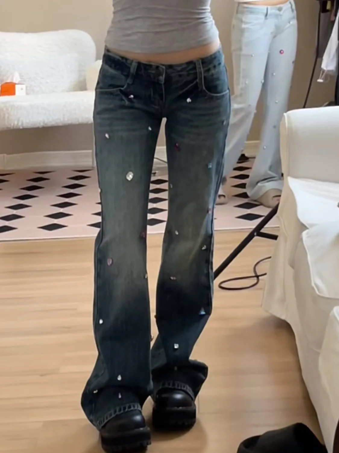 American Retro Hottie Low-waist Micro-flared Jeans for Women Summer Slimming Design Diamond High Street Straight Pants
