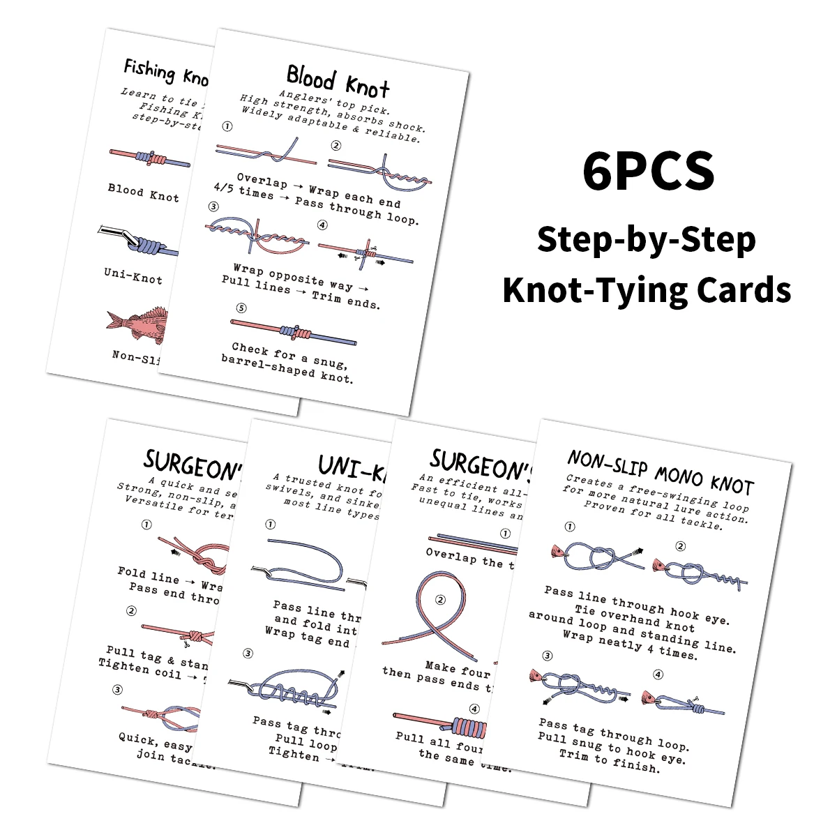 6pcs Knot-Tying Instruction Cards With Step-By-Step Visual Diagrams For Angler,Pocket Guide Tool,Gift For Men,Outdoor Enthusiast