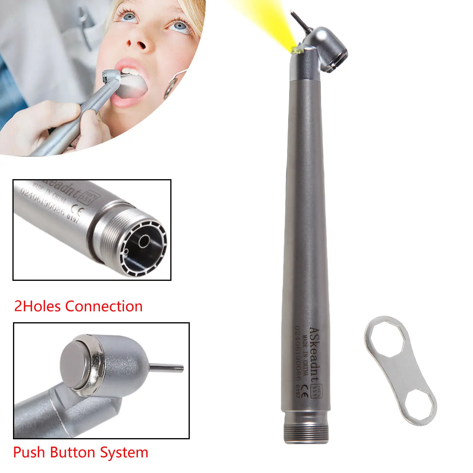 Dental Fiber Optic LED E-generator 45° Degree High Speed Handpiece 2 Holes Fit Kavo