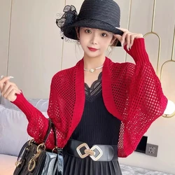 Summer New Long Sleeve Hollow Out Short Tops All-match Solid Color Temperament Cardigan Elegant Fashion Sexy Women Clothing