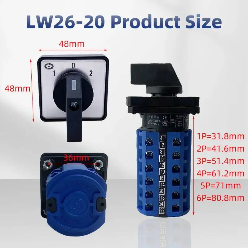 LW26-20A Two/Three Positions 1-6 Poles Cam Operated Rotary Switches Changeovers Silver Contact Selection Power Control