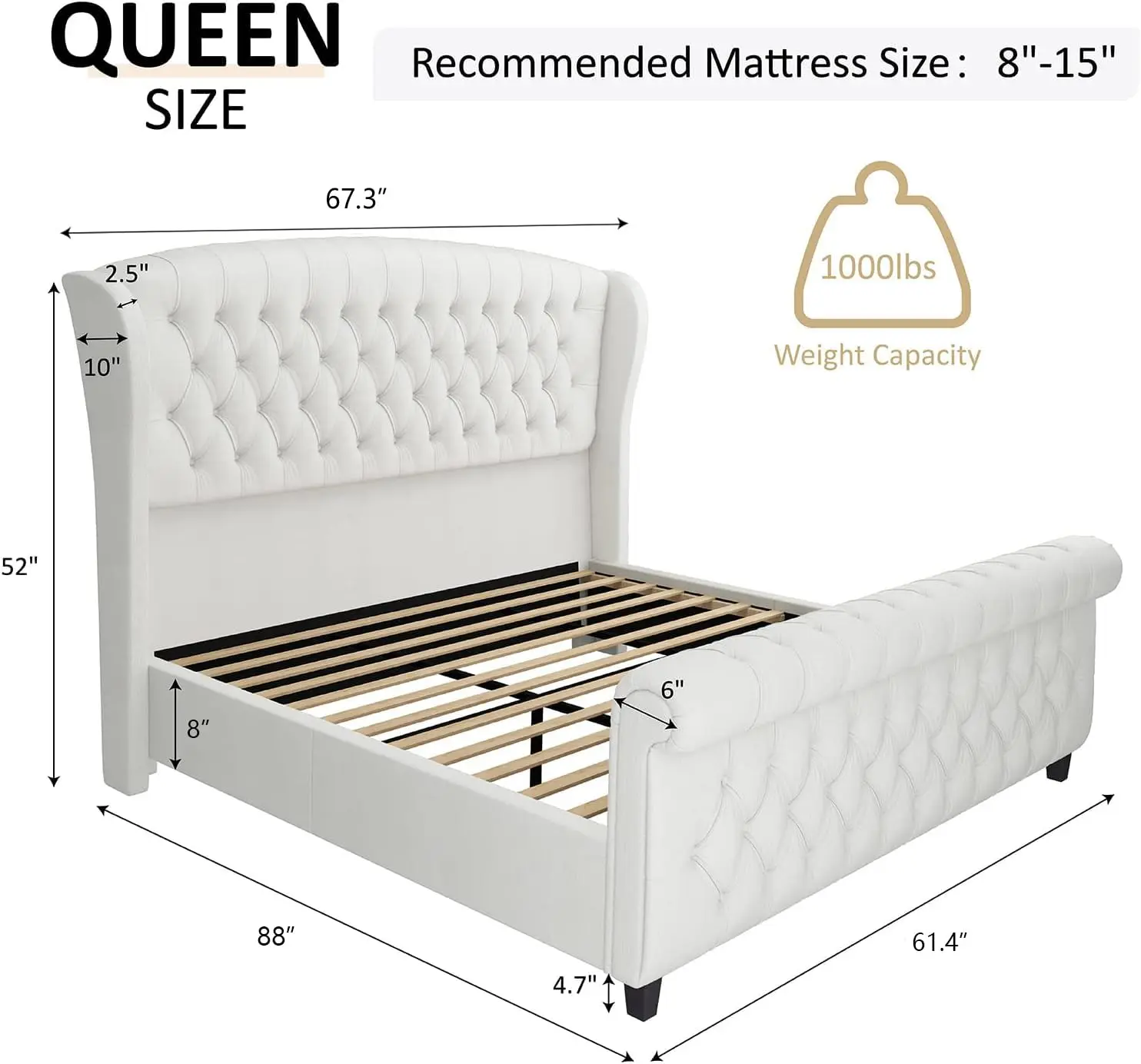 Platform Bed with Curved Headboard & Footboard, Handmade Deep Button Tufted, Wood Slats, No Box Spring Needed, Cream Chenille