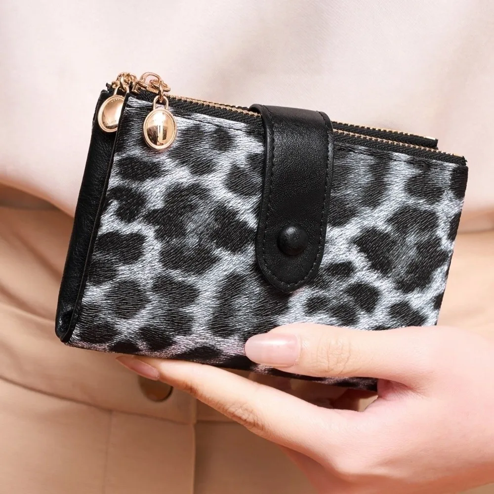 Leopard Print PU Leather Short Wallet Polyester Lining Multi Card Slots Coin Purse Double Zipper Large Capacity Card Holder