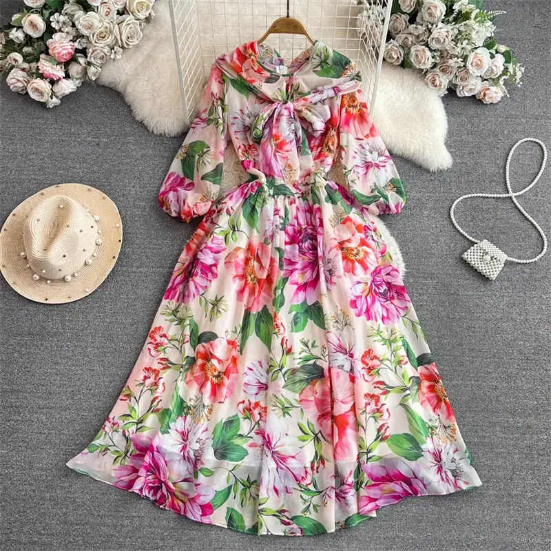 Celebrity Temperament Fake Two Pieces Dress 3/4 Sleeve Bow Tie Up Shawl Wrapped Waist Slim A-Line Rose Print Dress Women Z3701