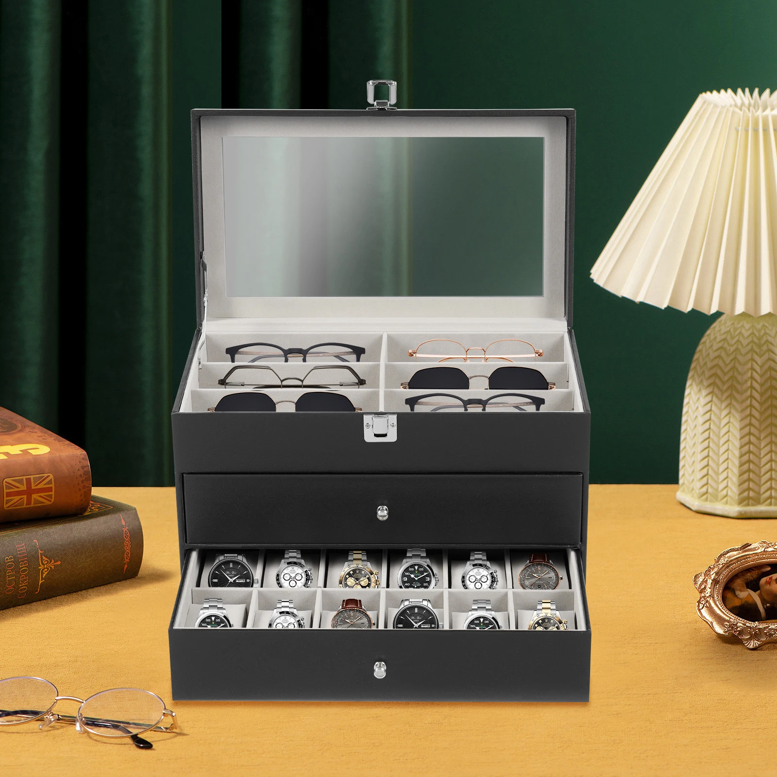 حقيبة تخزين كبيرة للساعات والنظارات بغطاء زجاجي، صندوق منظم مدمج للساعات والنظارات الشمسية