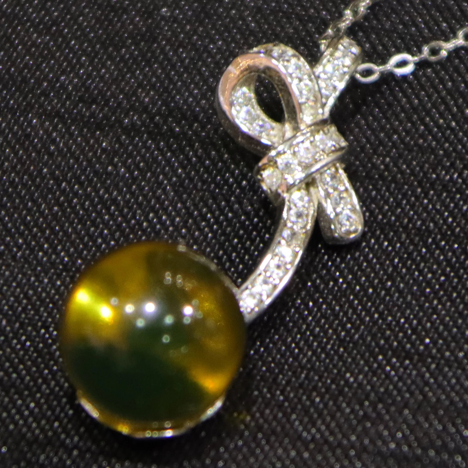 Natural Mexican Blue Amber Sterling Silver Bow Tie Pendant with 10mm Round Bead Necklace