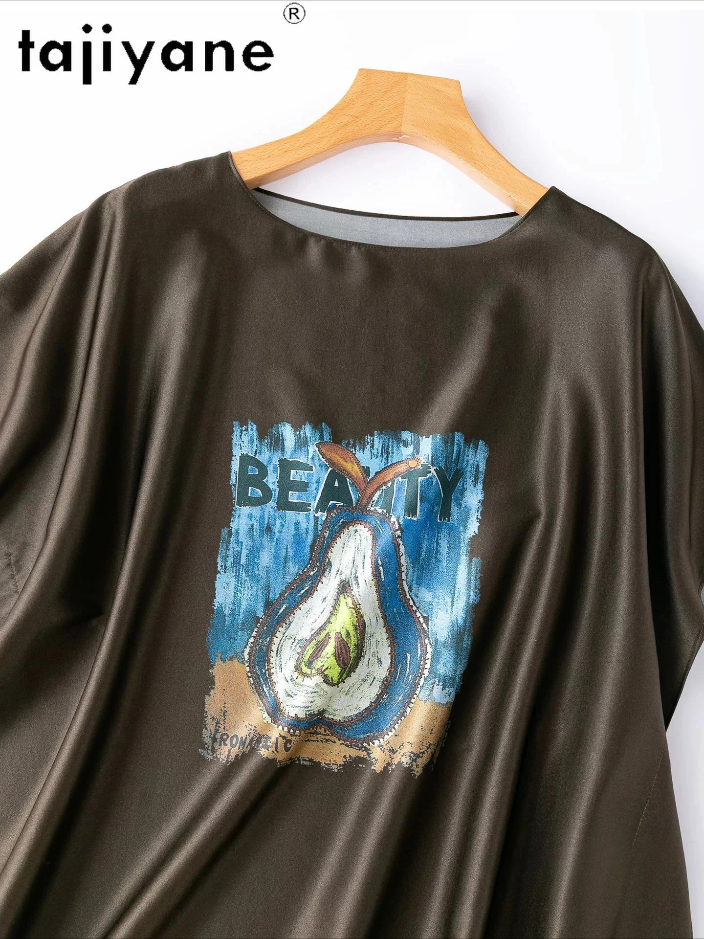 TAJIYANE 93% Real Mulberry Silk Women T Shirts Fashion Pear Print T Shirt Loose Casual Tops for Woman Clothes Summer 2026 одежда