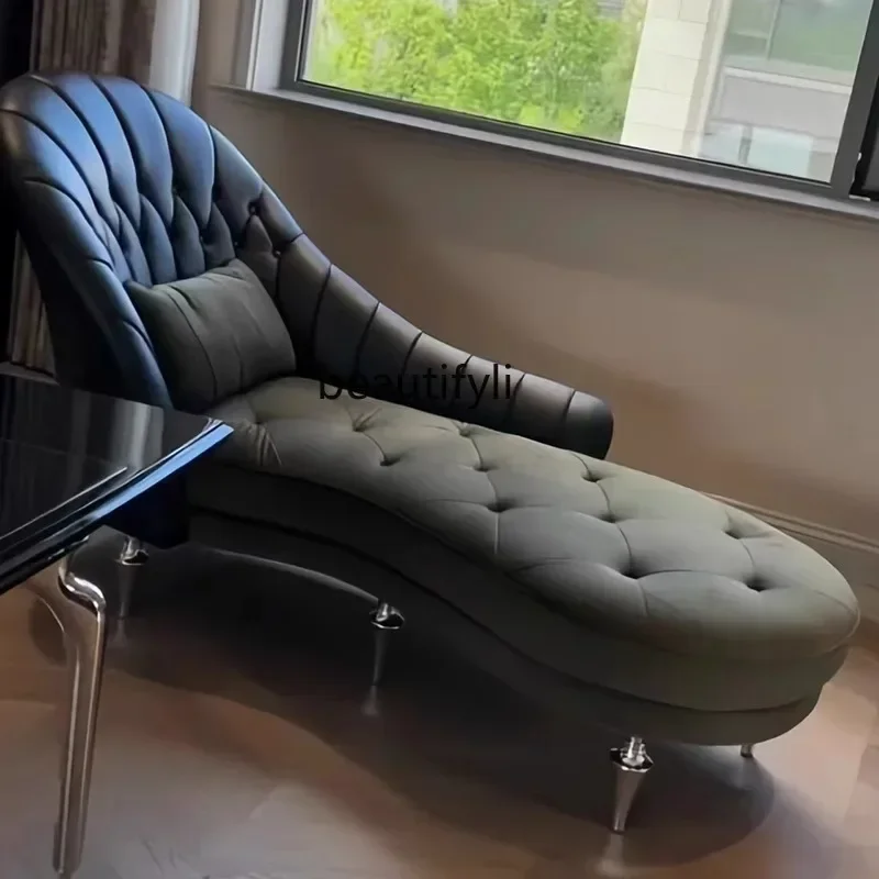 

cqyItalian style leather and cloth chaise longue chair beauty couch toffee chair genuine leather velvet chaise lounge chair