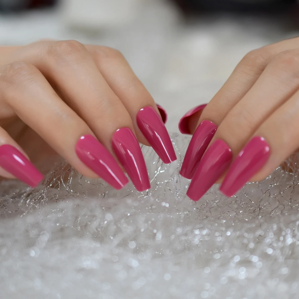 Medium Long Coffin Fake Nails Rose Pink Shiny Surface Faux Nails Thick Acrylic Nail Art Tips Many Colors