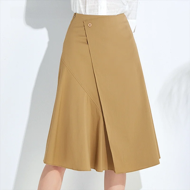 

Dailanzhi Summer High Waist A-Line Midi Skirt Asymmetrical Slimming Commute Sle Full Skirt f-length Pure Color OL Sle