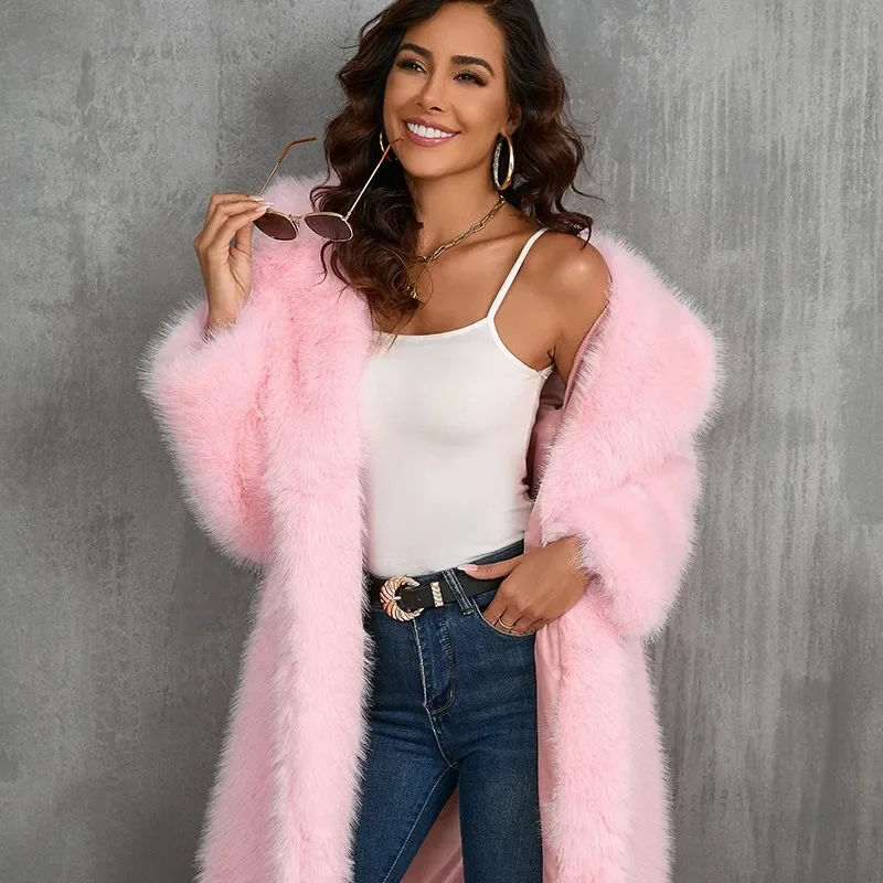 Pink Faux Fur Coat Women Autumn Winter Thickened Long Sleeves Overcoat Lapels Pockets Warm Jackets Medium Long Styles Plush Coat