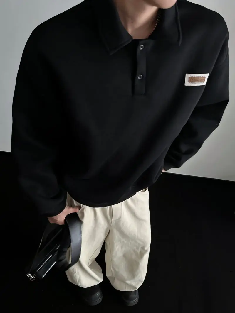 Autumn Men's Casual Solid Color Polo Neck Sweatshirt American Style Couple Loose Long Sleeve Turn down Collar Top Hoodies