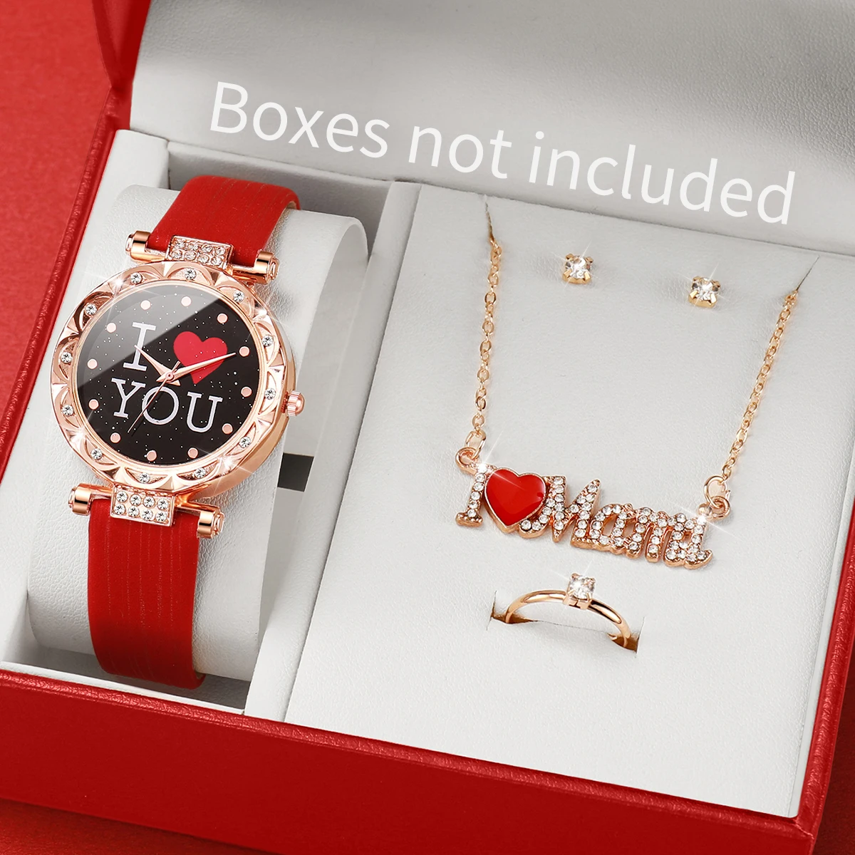 ساعة نسائية من حجر الراين بسوار جلدي ، ساعات كوارتز ، مجموعة مجوهرات ماسية ، هدية لأمي بدون صندوق ، الموضة ، 5 في كل مجموعة