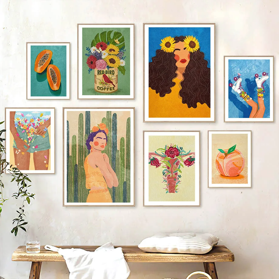Fashion Girl Flower Cactus Papaya Peach Boho Wall Art Canvas Painting Abstract Poster And Prints Pictures For Living Room Decor