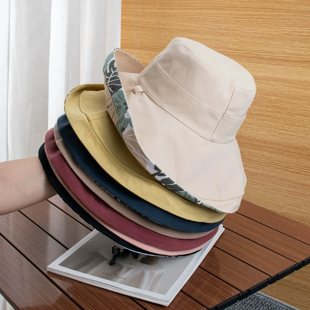 2026 Spring and Summer Double-Sided Fisherman Hat Korean Large Brim Sun Hat for Women Cotton Outdoor Travel UV Protection Caps