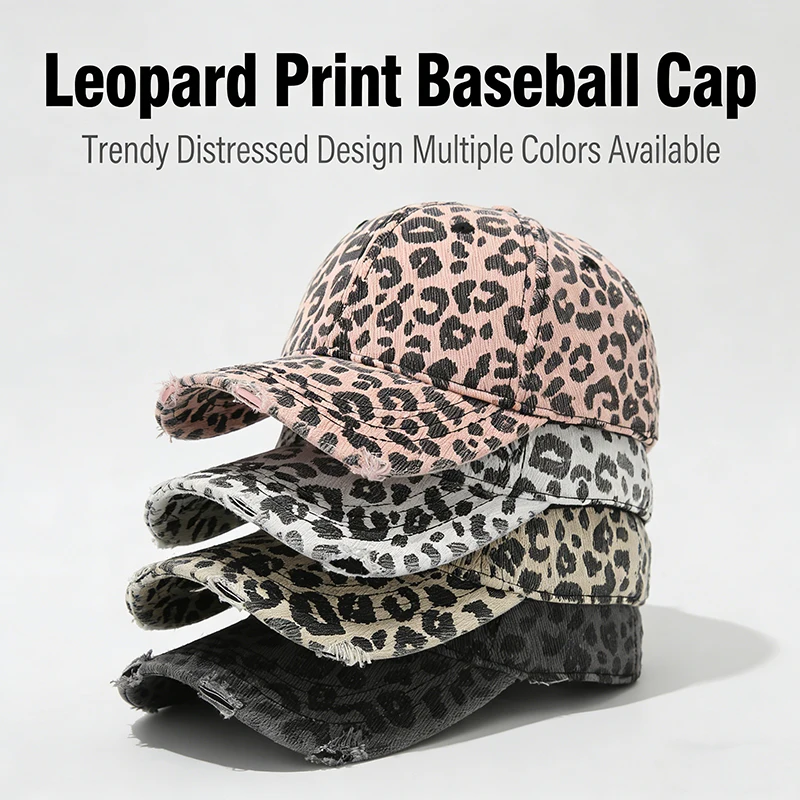 Leopard Print Baseball Cap for Women Men Distressed Washed Denim Dad Hat Adjustable Vintage Snapback Caps Sun Hats