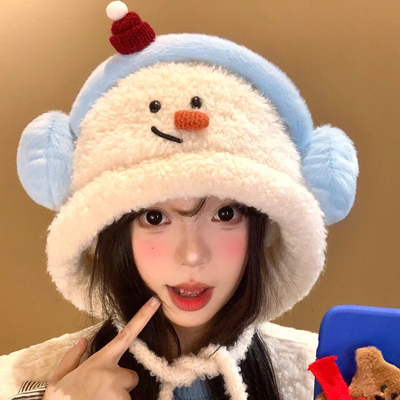 

New Fashion Cute Little Snowman Earmuffs Plush Hat Winter Thickening Warm Belt Adjustable Windproof Ear Protection Knitted Hats