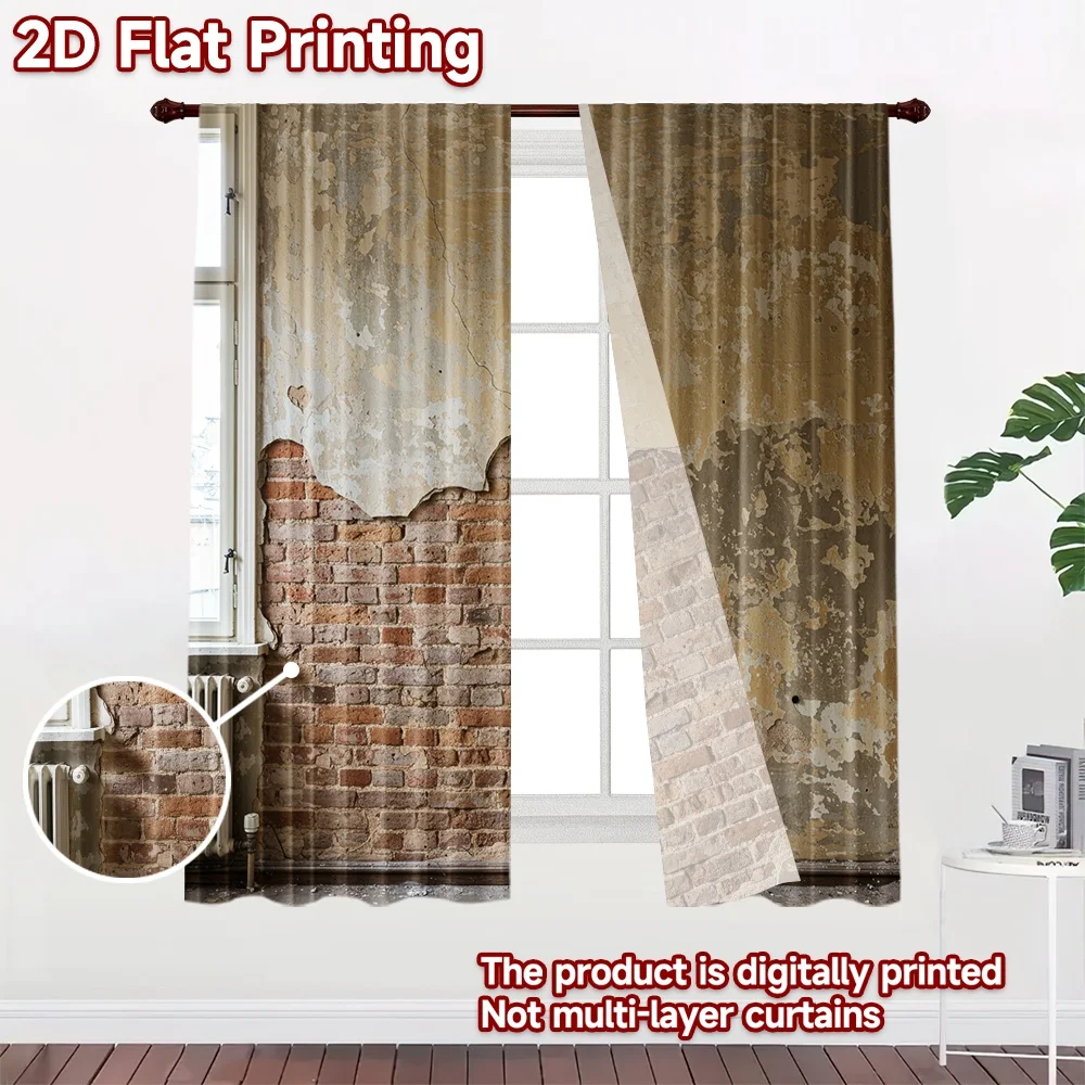 2D flat 2pcs Curtain Retro Country Style Cracked Plaster Brick Wall Durable polyester fiber Holiday Decorations Perfect for