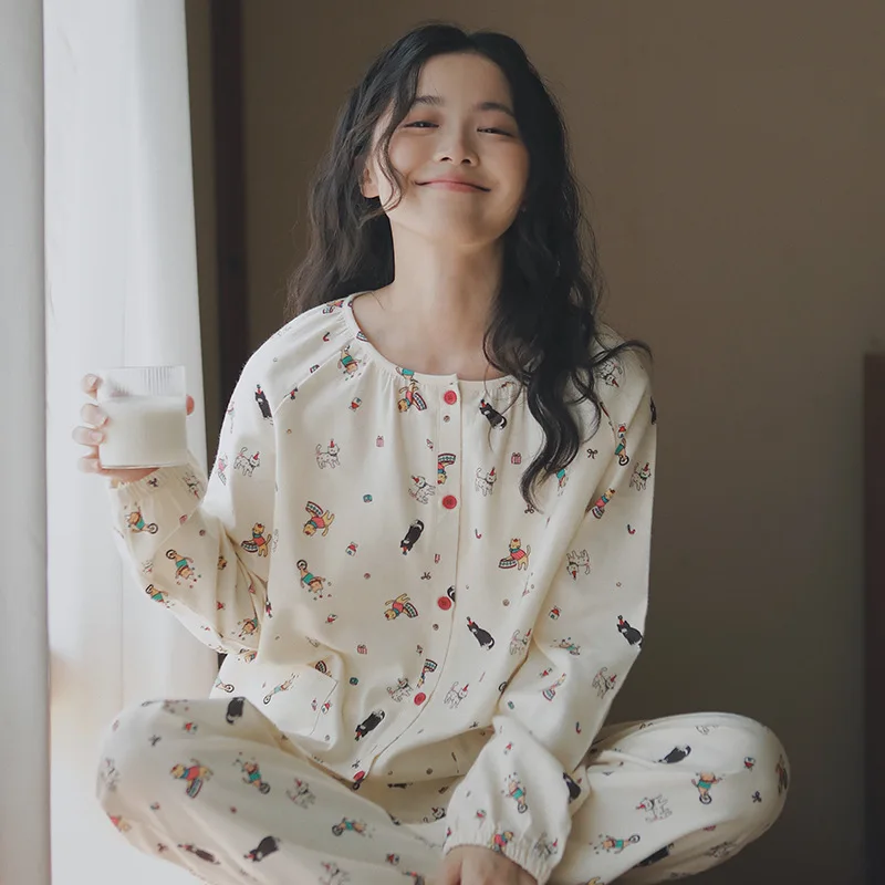 

Хлопковая фланелевая пижама с длинным рукавом, домашняя одежда с мультяшным принтом, комплект из чистого хлопка, большие размеры, женская ночная рубашка с цирковым принтом, удобная пижама