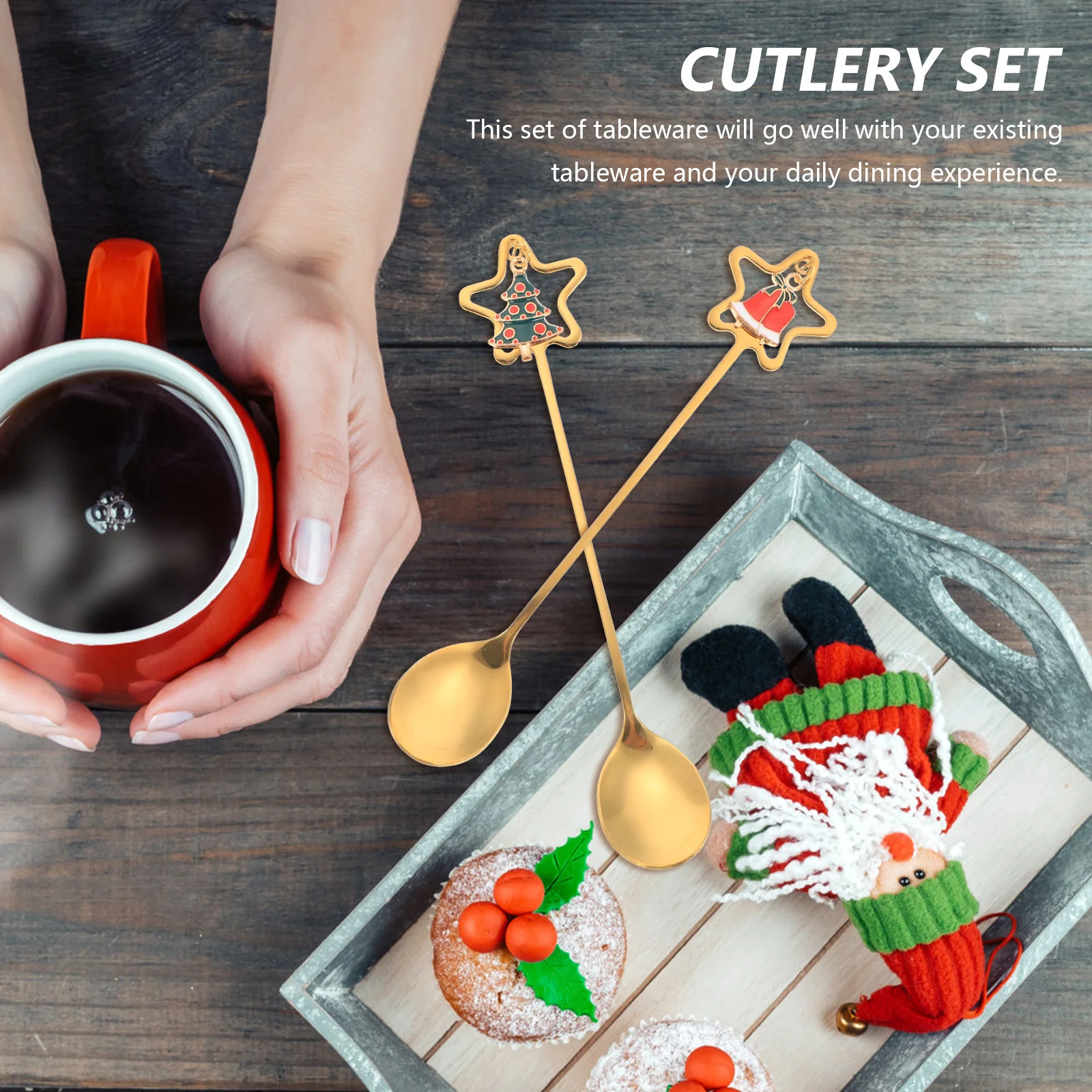 

4Pcs Christmas Cutlery Set Stainless Steel Coffee Spoons Long Handle Mixing Spoons for Tea Dessert Gift Box Packaging