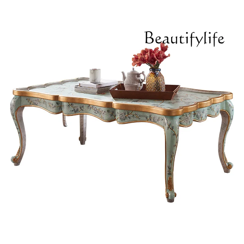 

High-End Solid Wood Painted Coffee Table Living Room Side Table Neoclassical Hand Painted Vintage Coffee Table