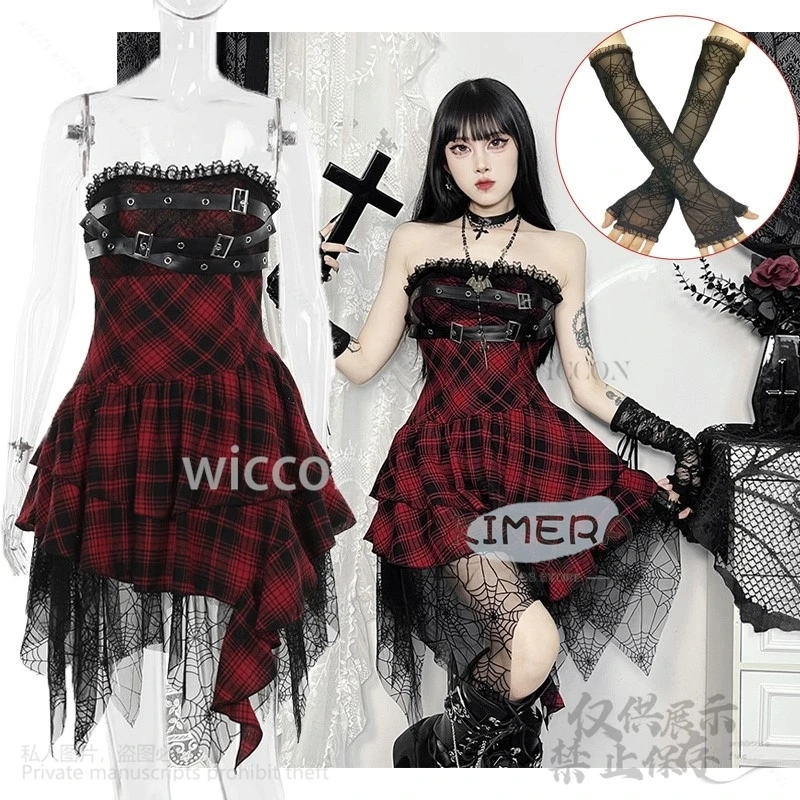 2024 Anime Goth Cosplay Halloween Suit Red Lattice Lolita Dress Black Glove Tube Dress Costume For Women Girls Halloween Party