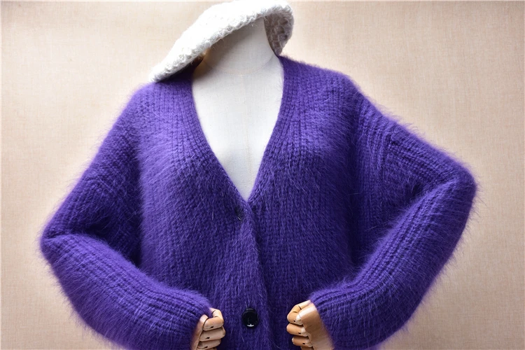 Women Mujer Autumn Winter Clothing Purple Thick Warm Mink Cashmere Knitted V-Neck Long Sleeves Loose Cardigans Sweater Jacket