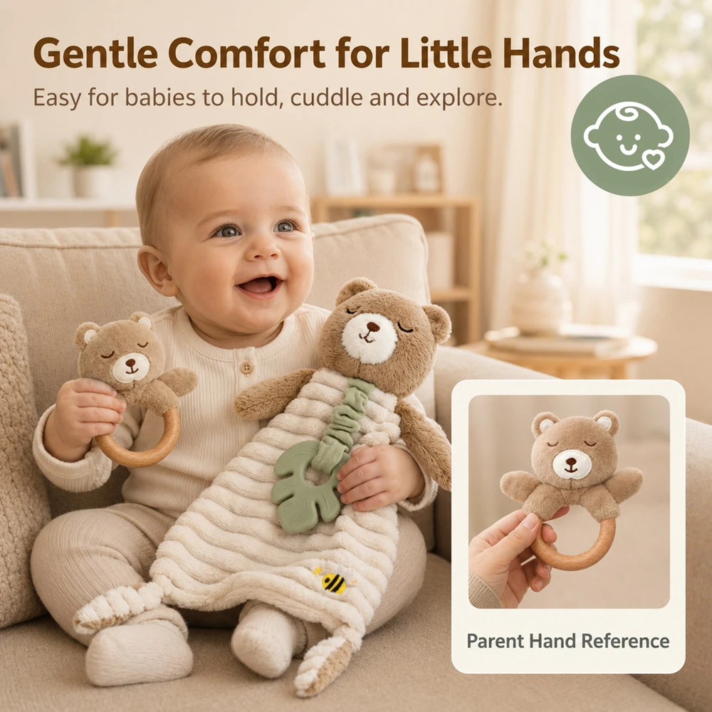 2 Piece Baby Comfort Set with Plush Bear Lovey and Wooden Ring Rattle Silicone Teether Sensory Tags for Teething Newborn Toys