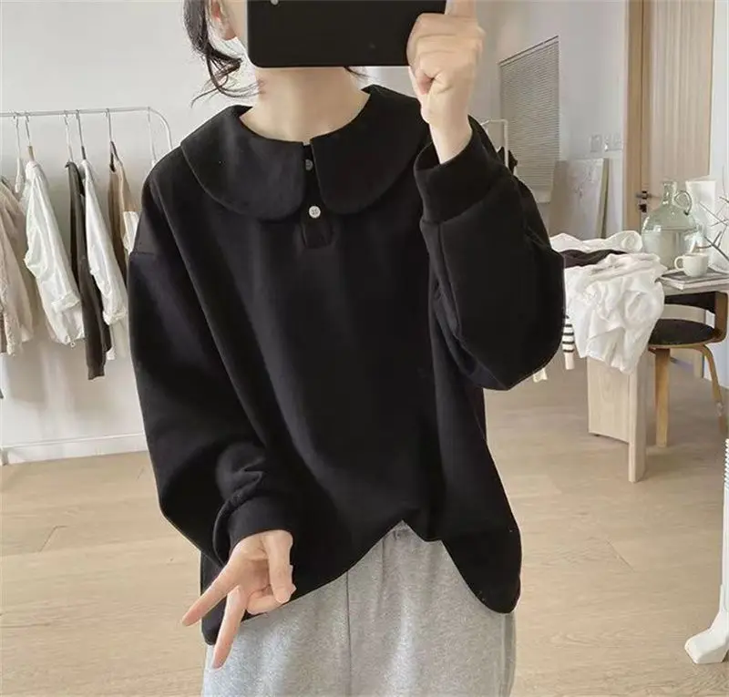 Yasuk Summer Casual Ruffle Neck  T-Shirt Female Pullover Women Blouse Simple School Student Loose Soft Long Sleeve