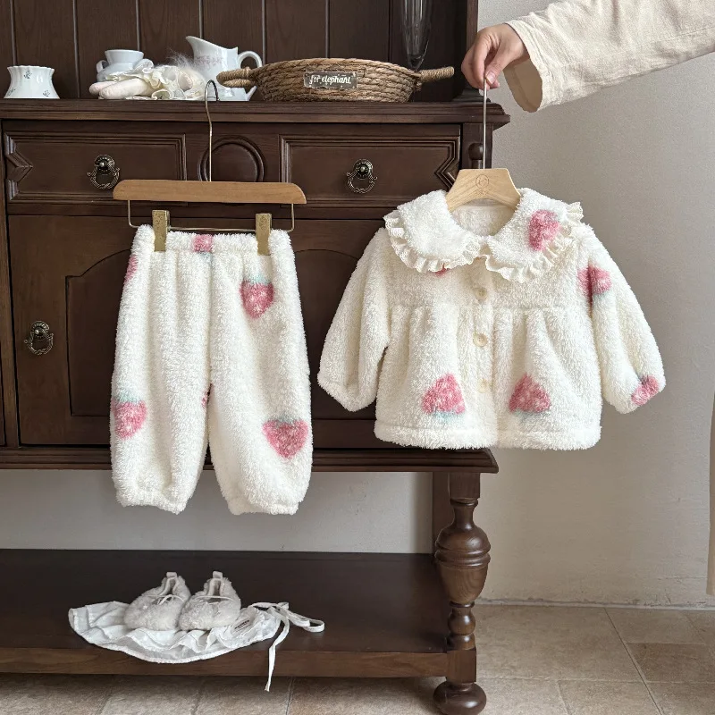 Girls Set Autumn Winter Lace Collar Top Pants Coral Velvet Thickened Soft Comfortable Sweet Daily Casual Home Dressing