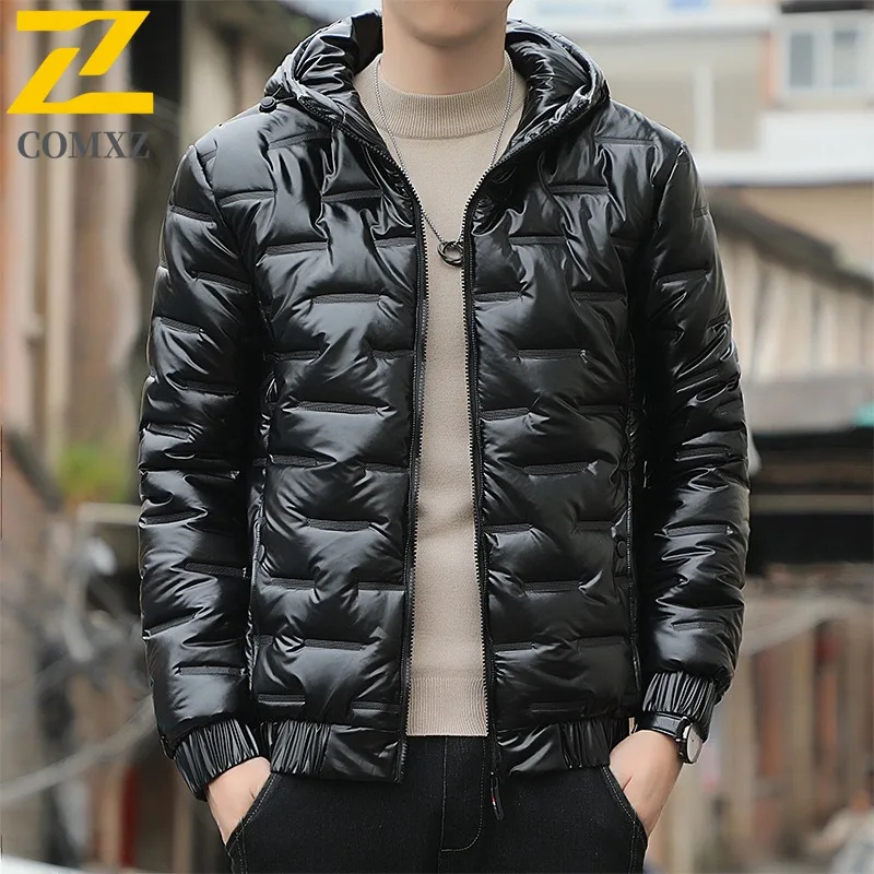 

COMXZ 2025 Men Korean Shiny Hooded Thickened Winter cotton-padded Jacket Warm Tactic Waterproof and Windproof Outdoor Sport Coat