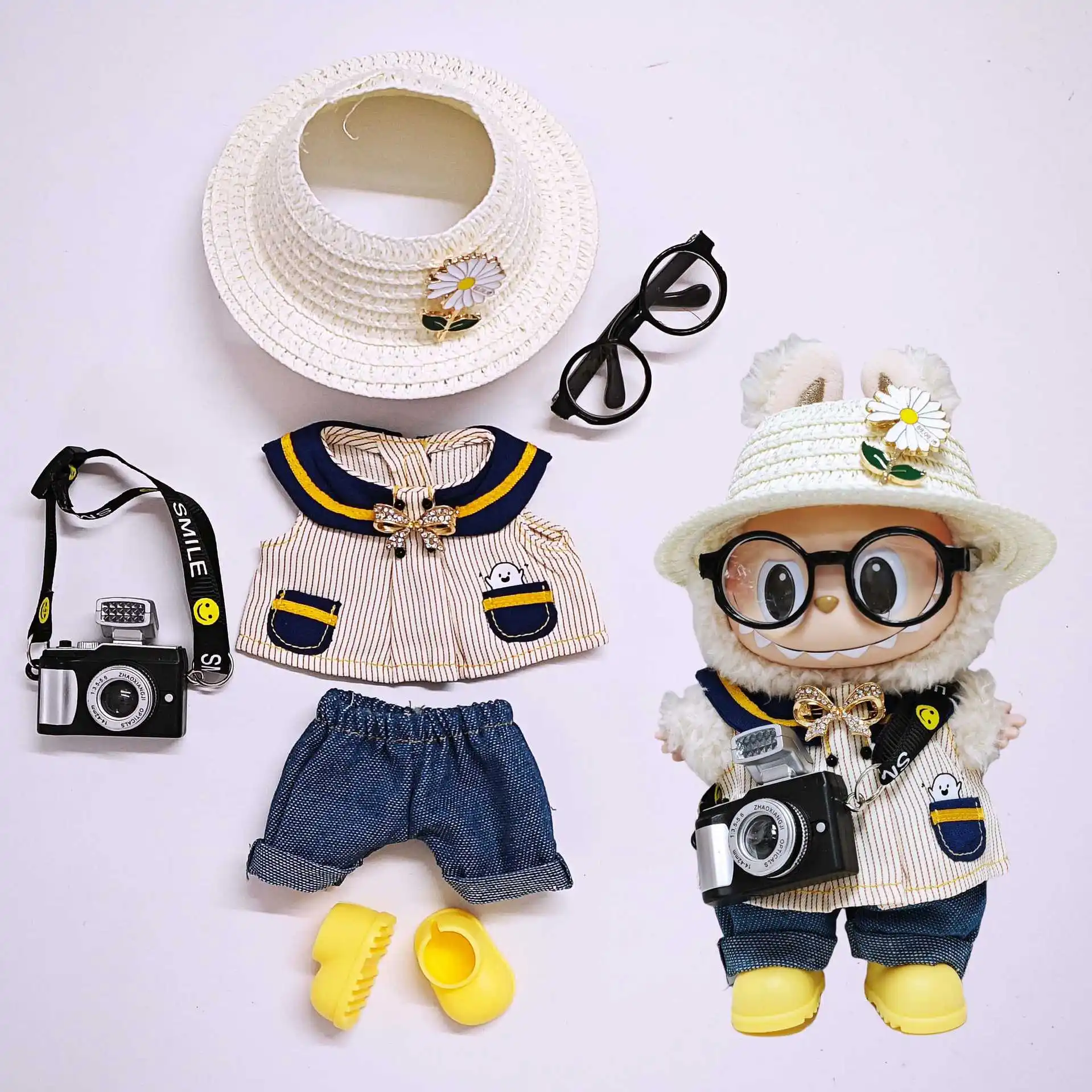 

labubu clothing: 17 cm, standing and sitting cotton doll, kindergarten series, universal clothing, straw hat, shoes set