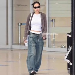 Firmranch 2024 Korean Jennie Outfit blue Jeans For Women Vintage Loose Wide Leg Denim Pants Spring Autumn Summer Clothes