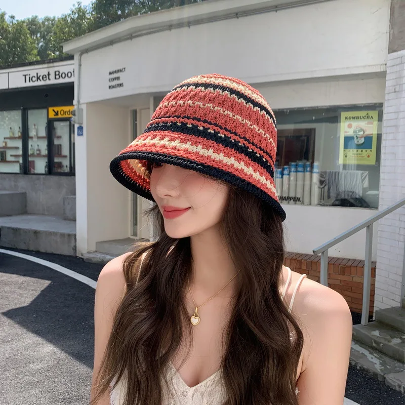 New Colorful Stripe Knitted Bowl Hats for Women\'s Casual Versatile Korean   Decoration Foldable Sun Visor Hat  Bucket Hat