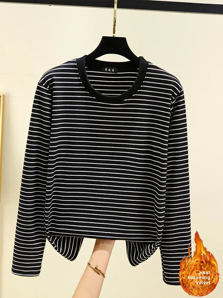 Camiseta térmica a rayas de talla grande para mujer, Base informal, irt, terciopelo de doble cara, para invierno