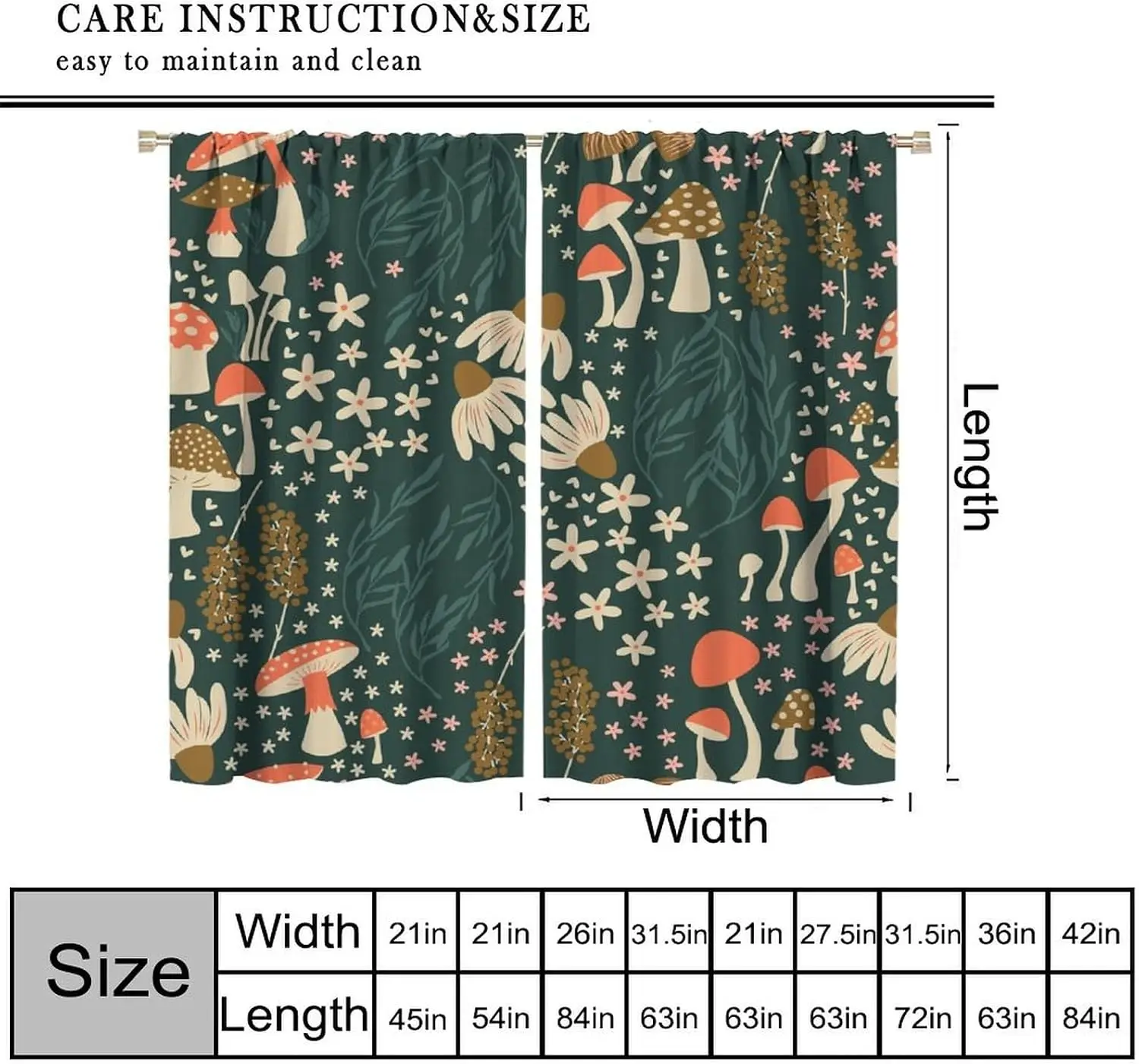 Dark Green Daisy Mushroom Curtain 2 Panels, Red Spotted Fungus White Daisy Tiny Floral Leaf Print,Drapes Bedroom Cottage Curtain