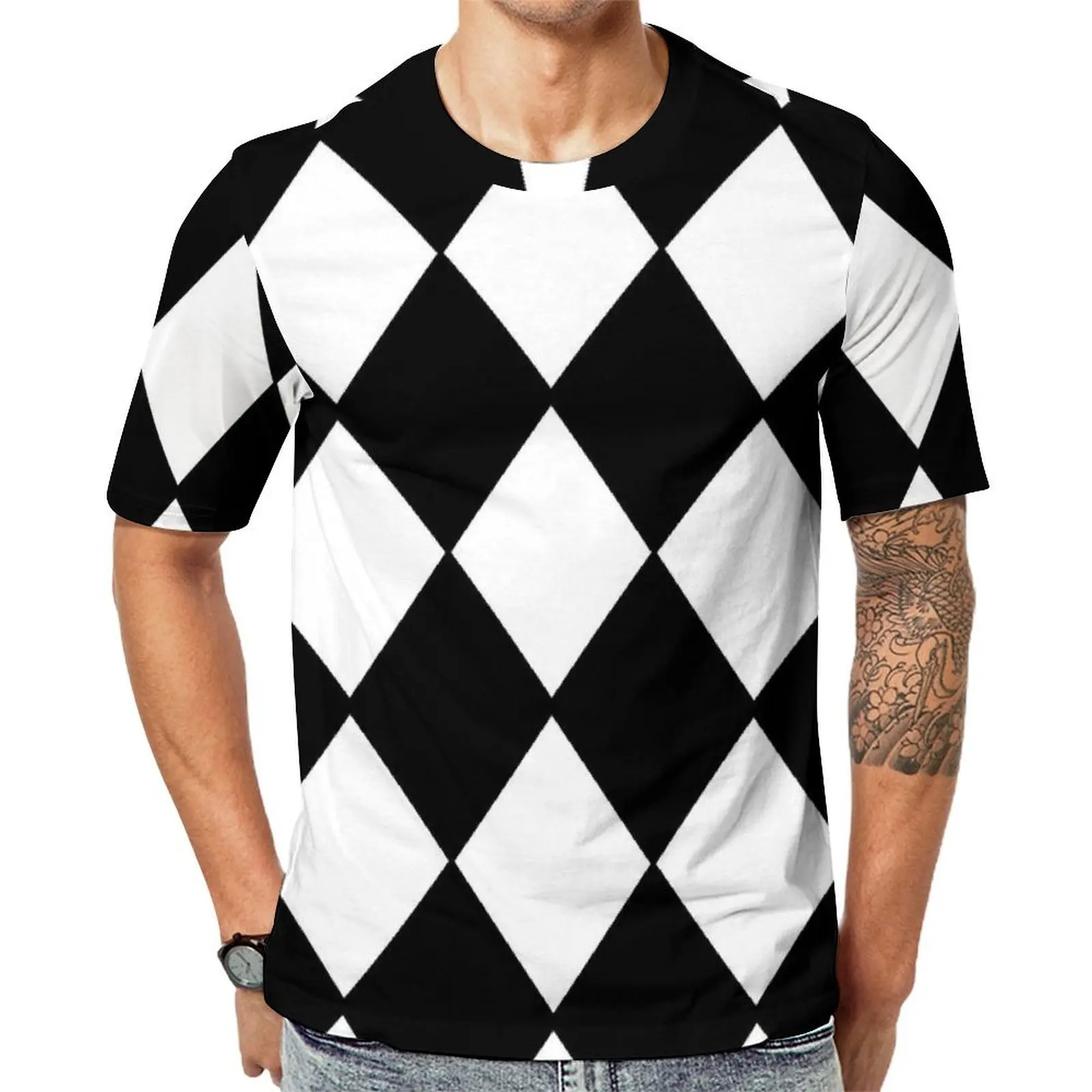 Oversize T Shirt Summer Check Print T-Shirts Black and White Contrast Basic O Neck Tee Shirt Couple Hip Hop Custom Top Tees