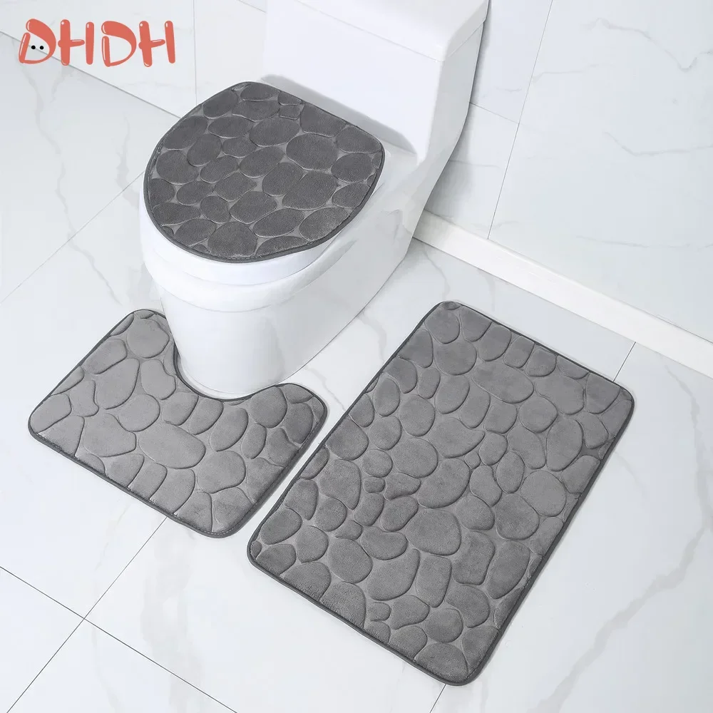 Toilet Seat Cover 3Pcs Set Bath Mat Shower Room Floor Rug Home Bathroom Anti-Slip Absorbent Doormat Pebbles Bathtub Decor Carpet