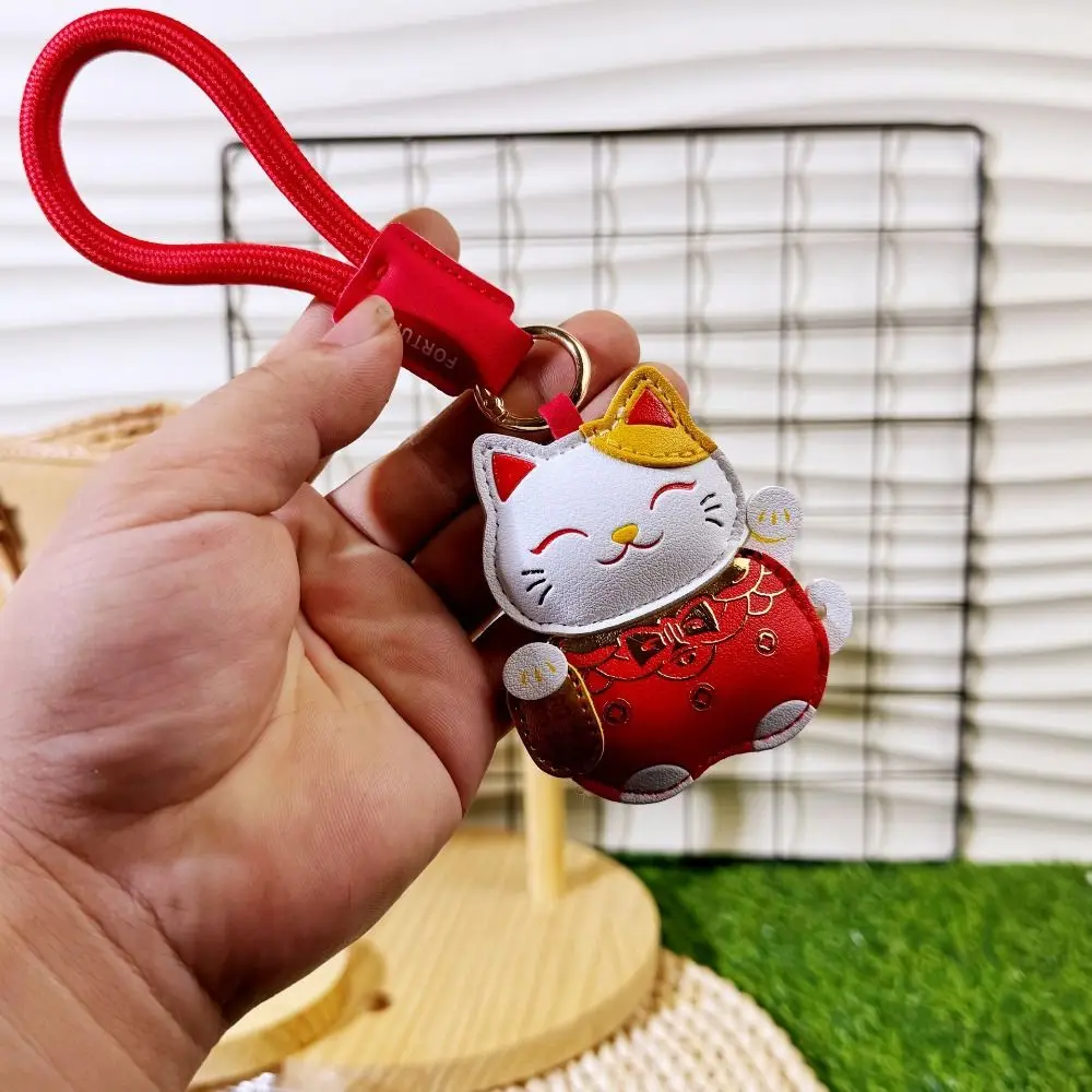 Kawaii Cartoon Pu Leather Fortune Cat Keychain Get Rich Wealth Maneki Neko Pendant Red Lucky Horse Year Pendant Home Decor