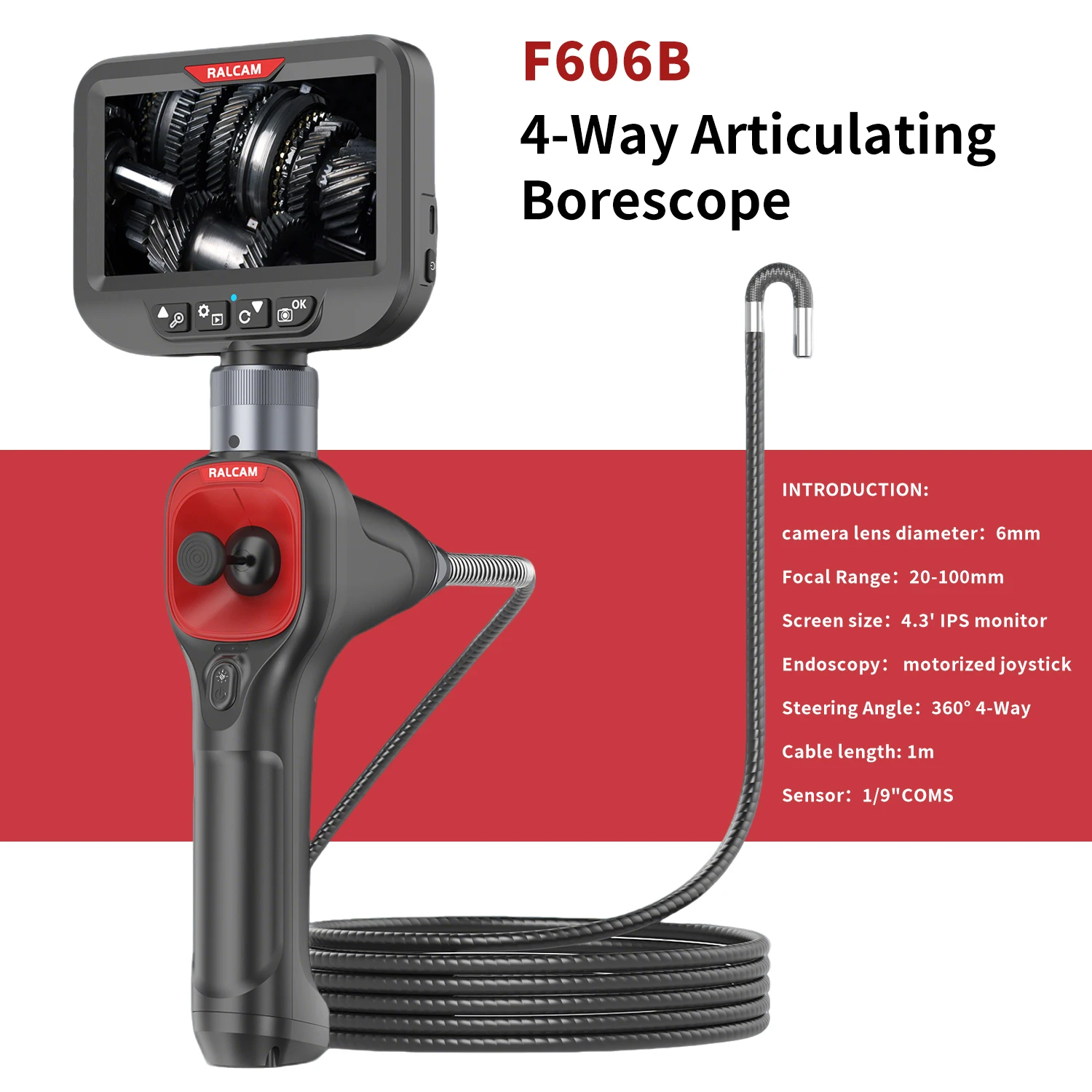 F606B Industrial 1M Cable 6Mm Waterproof Cmos 4-Way Rotation Articulating Borescope Camera Car Repair Steerable Borescope